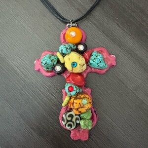 Pink Cross Statement Stone Jeweled Necklace